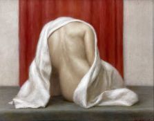 ‡ HARRY HOLLAND oil on board - figure, possibly titled 'White Drape Back', circa 1992-1994,