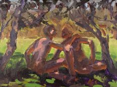 ‡ KEVIN SINNOTT oil on board - two seated figures under a tree in an embrace, entitled 'Study for
