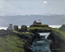 ‡ OWEN MEILIR oil on canvas - homage to Sir Kyffin Williams RA, view of Eglwys St. Cwyfan, Ynys