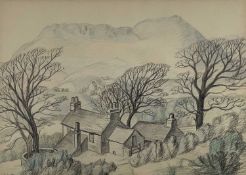 ‡ MERYL WATTS pencil and crayon - entitled 'Carreg Wen am Moel y Gest (Farmstead Near Borth y Gest