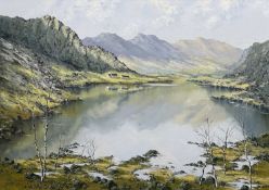 ‡ CHARLES WYATT WARREN oil on board - Llyn Nantlle, Snowdonia with lakeside cottages,