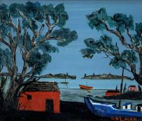 ‡ FRED UHLMAN oil on board - coastal scene depicting boats and dwellings, entitled verso 'The Blue