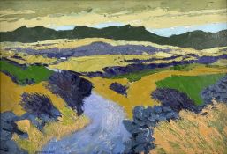 ‡ GWILYM PRICHARD oil on canvas - mountainscape with stream, entitled verso 'Y Rhiniog', signed