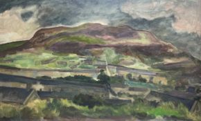 GEORGE CHAPMAN oil on canvas - expansive landscape with the roofs of terraced houses, entitled verso