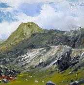 ‡ PETE TURLEY oil on card - sheep grazing on Snowdonia hillside, signedDimensions: 16 x