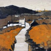 ‡ WILF ROBERTS oil on panel - lane with whitewashed buildings, entitled verso on Oriel Tegfryn label