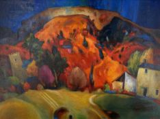 ‡ CHRIS GRIFFIN oil on canvas - village scene with mountainous background, entitled verso 'Landscape