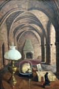 ‡ EVAN CHARLTON oil on board - Gothic interior with objects on table, entitled verso 'The Lamp',