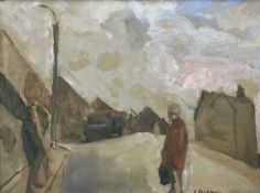 GEORGE CHAPMAN oil on board (unfinished) - two figures in a street with truck, signedDimensions:
