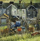 ‡ JOHN LINES oil on canvas - standing figure at the back of terraced houses, entitled verso '