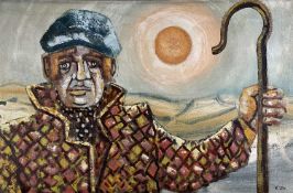 ‡ KAREL LEK oil on canvas - shepherd holding crook in sunlight, entitled verso 'Shepherd',