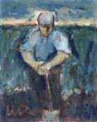 ‡ WILL ROBERTS oil on board - farmer leaning on shovel, signed with initialsDimensions: 26 x