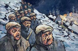 ‡ IFOR PRITCHARD oil on canvas - line of quarrymen walking on a path above village, 'Wending