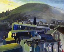 ‡ NICK HOLLY oil on canvas - village terraces at dusk, with two red shirted children and two