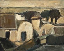 ‡ WILL ROBERTS oil on board - figure amongst buildings and trees West Wales farm, signed verso and