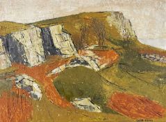 ‡ GWILYM PRICHARD oil on board - entitled verso 'Rocks Penmon', signedDimensions: 35.5 x 50.