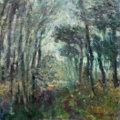 ‡ WARREN S HEATON oil on canvas - woodland with tall trees, entitled 'Woodland Giants',