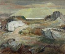 ‡ RAY HOWARD JONES oil on board - island coastal scene, entitled verso 'The Rocks Remain -