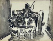 ‡ JOSEF HERMAN OBE RA pen and ink with pencil - figure driving an oxcart, entitled verso on Albany