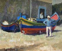 ‡ LEO CARROLL oil on board - figure standing alongside fishing boat, entitled verso 'Safe