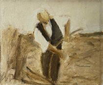 ‡ WILL ROBERTS oil on canvas - entitled verso 'Man with Scythe', signed with initials in full verso,