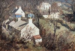 ‡ GYRTH RUSSELL oil on board - entitled verso 'Farm Cottages, Anglesey', signedDimensions: 52 x
