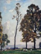 ‡ OWEN BOWEN oil on board - landscape with tall trees and sheep, signedDimensions: 44 x