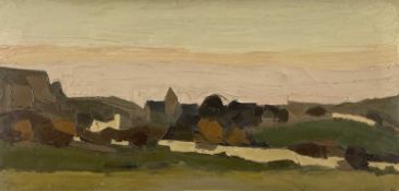 ‡ SIR KYFFIN WILLIAMS RA oil on canvas - sunset over Ynys Mon (Anglesey) village, entitled verso
