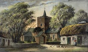 ALFRED WORTHINGTON oil on board - view of Llanbadarn Church, Aberystwyth, with The Black Lion public