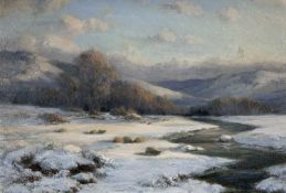 ‡ SYDNEY WATSON ARTHUR oil on board - winter scene with sheep and trees, entitled verso on old