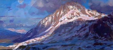 ‡ DAVID WOODFORD oil on card - entitled verso 'Winter Sunset - Tryfan'Dimensions: 13 x