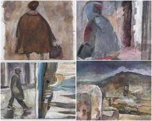 GEORGE CHAPMAN four oils on canvas - unfinished compositions including figure walking, colliery,