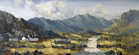 ‡ CHARLES WYATT WARREN oil on board - Eryri (Snowdonia) landscape with whitewashed farm buildings