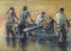 ‡ WILLIAM SELWYN mixed media - four fishermen bringing in their boat at the end of the day, entitled