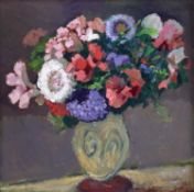 ‡ JOHN ELWYN acrylic on card - still life of mixed flowers in a vase, unsigned, John Elwyn Studio