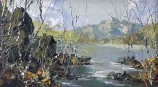 ‡ CHARLES WYATT WARREN oil on board - mountain stream flanked by trees, entitled verso 'Pool in