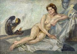 ‡ RAY HOWARD JONES oil on board - reclining nude in an artist's studio, signed and dated