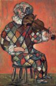 ARTHUR CHARLTON linocut proof no. 1 - seated clown playing a violin, entitled verso 'Boom Boom',