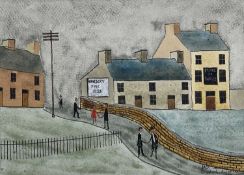 ‡ JACK JONES mixed media - figures walking on pavement in conversation, entitled verso on Attic