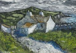 ‡ WYN HUGHES oil on board - view of Anglesey coastal cottage, entitled verso 'Ty'n Towyn, Ynys Mon',