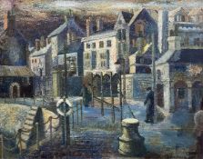 ‡ LESLIE MOORE oil on panel - entitled verso on Martin Tinney Gallery label 'Pierhead, Cardiff',