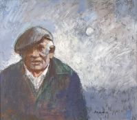 ‡ ANEURIN JONES oil on board - standing farmer with flatcap with sun shining on his back,