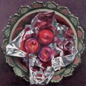 BRYN RICHARDS oil on canvas - still-life of red apples and silver foil from the artist's 'Bowl