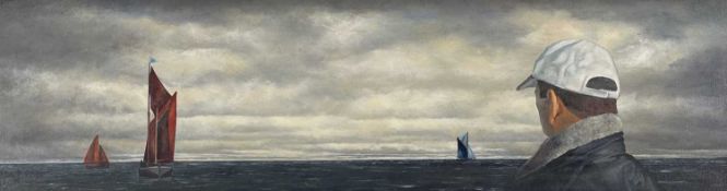 ‡ GARETH HUGH DAVIES oil on canvas - male in cap watching three sailing boats at seaDimensions: 24 x