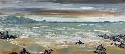 ‡ CHARLES WYATT WARREN oil on board - coastal scene, entitled verso 'Beach Near Rhosneigr,