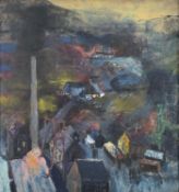‡ EURGAIN EVANS oil on board - industrial landscape with colliery buildings and standing figures,