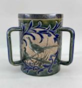 DOULTON LAMBETH SILVER MOUNTED STONEWARE TYG, c. 1894, decorated by Florence Barlow, glazed in green