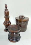 LIGNUM VITAE POUNCE POT, MUFFINEER & OAK BOX, pounce pot ot turned capstan form, 6.2cms high;