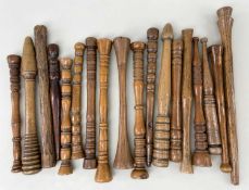 ASSORTED WELSH & OTHER TURNED AND CARVED KNITTING SHEATHS, in fruit wood, and other indigenous