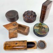 SIX ASSORTED TREEN BOXES, comprising Tudor rose box, 'book' box, oval puzzle box, octagonal burr